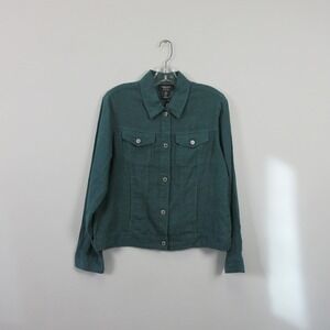 JONES & CO Women Teal 100% Linen Button Front Classic Fit Jacket Size M Boho